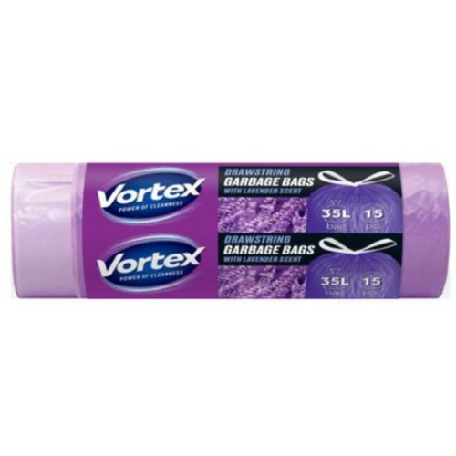 Пакеты для мусора Vortex HDPE с затяжкой, аромат Лаванда, 35 л, 15 шт